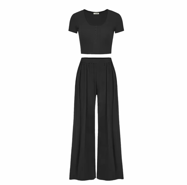 Women's Casual Co-ord Set – Slim Top & Wide Leg Pants