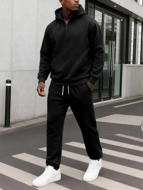 Men's Plain Two-piece Sweatsuit Set, Basic Regular Fit Casual Drop Shoulder Half Zip Hoodie & Pocket Drawstring Sweatpants