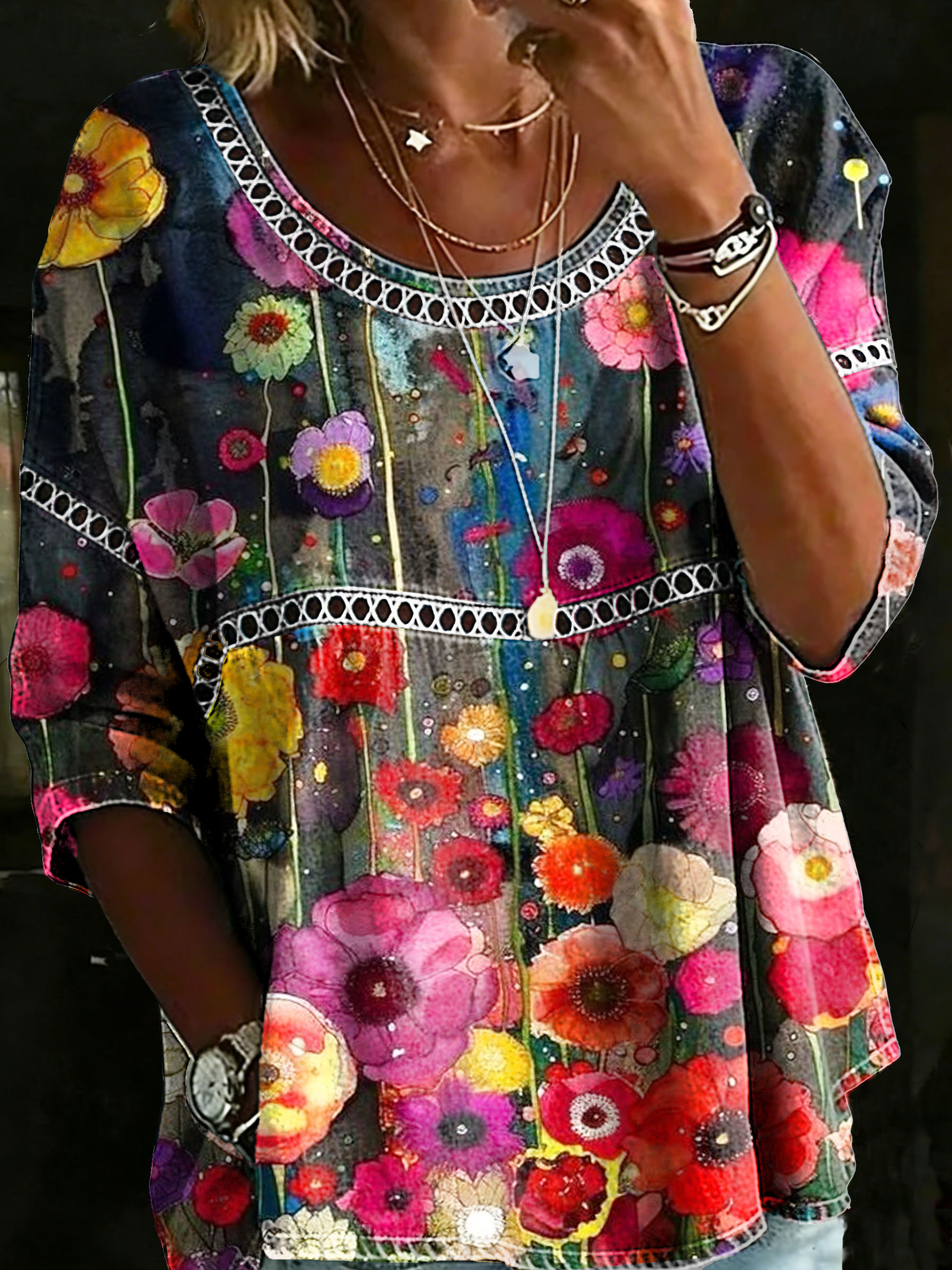 Women's Vintage Floral Casual Loose Denim Blouse Shirt