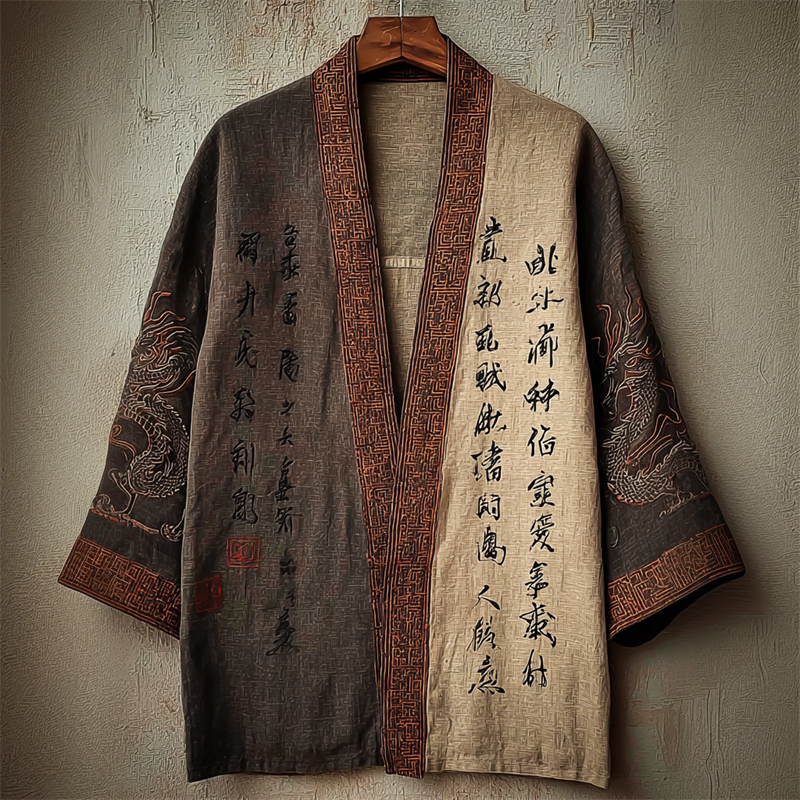 Japanese Dragons Calligraphy Art Contrast Linen Kimono