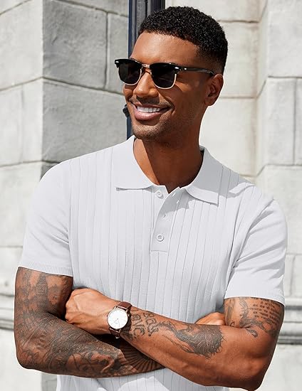 Men's Knit Polo Shirts Short Sleeve Ribbed Knitted Shirt Summer Lightweight Casual Golf Shirts