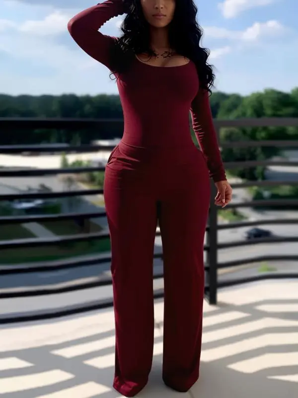 Women’s Fitted Long Sleeve Jumpsuit with Low Neck & Pockets