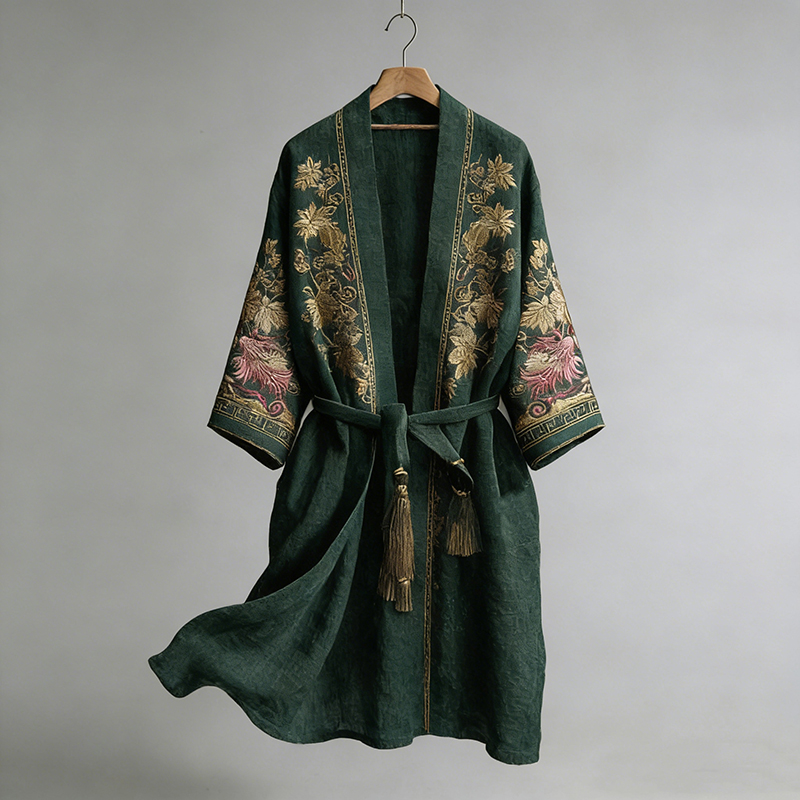 Japanese Maple Leaf Print Linen Blend Kimono