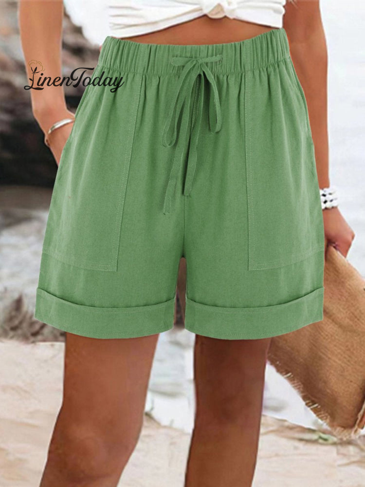 Women's Summer Casual Solid Color Drawstring Shorts With Pockets