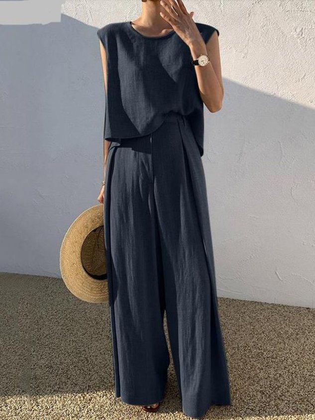 Crew Neck Plain Street Regular Fit Two-Piece Set