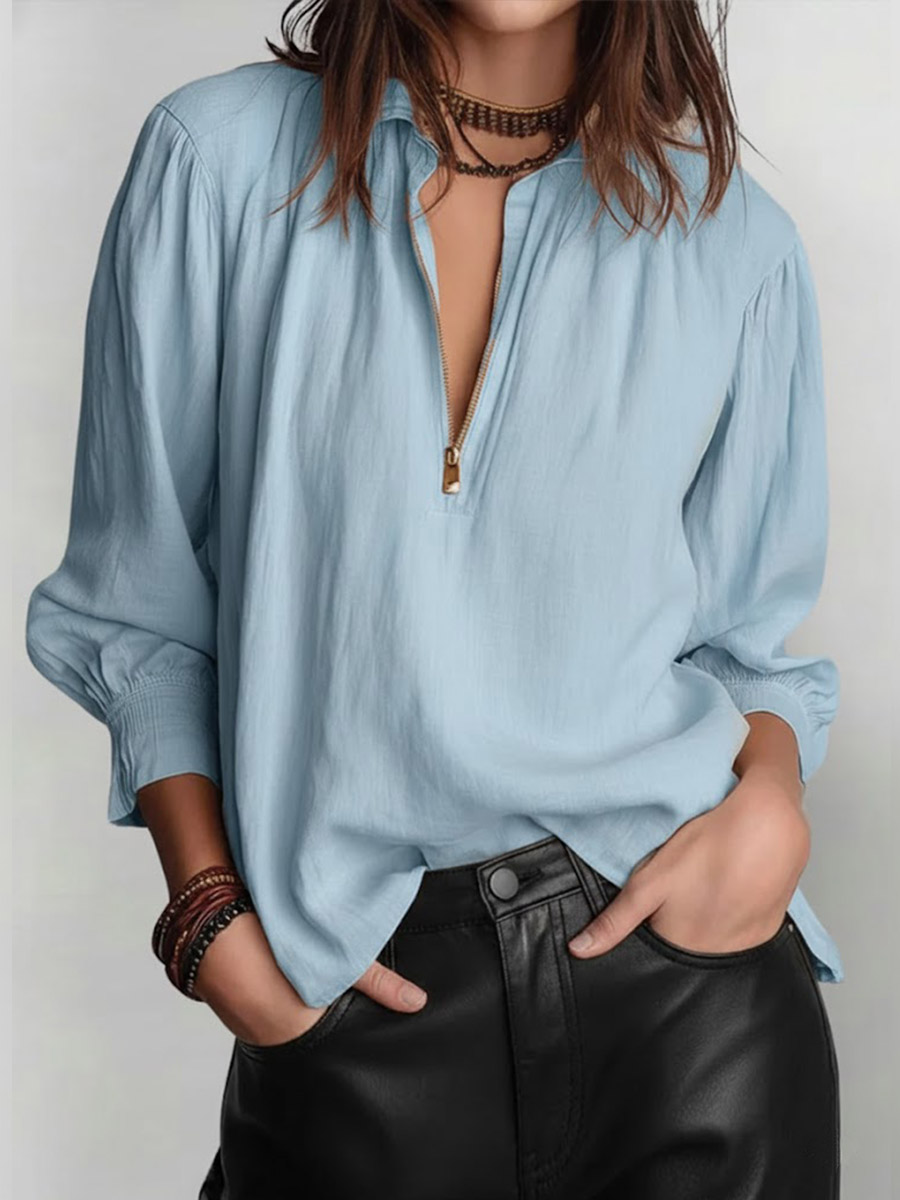 Women's Solid Color Lapel Long-sleeved Casual Loose Cotton And Linen Top