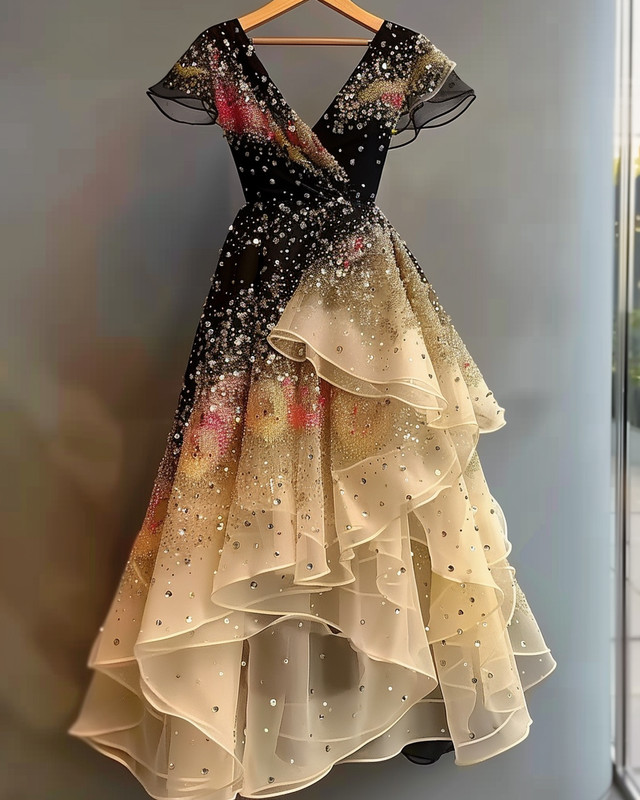 Summer vacation handmade gilded chiffon dress  094f