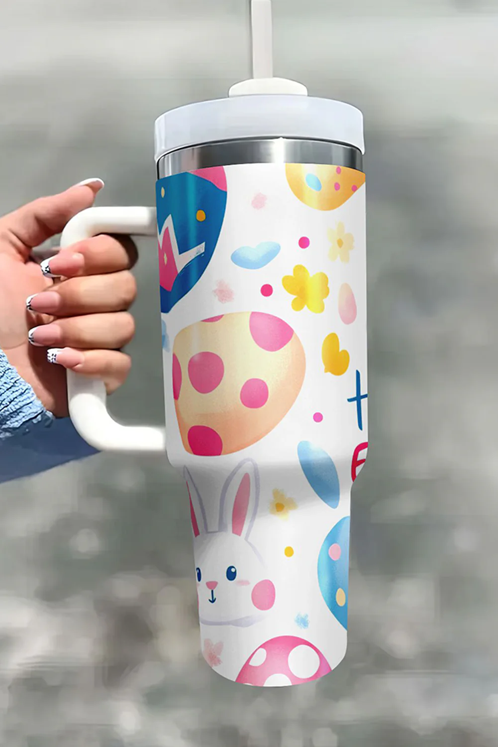 White Happy Easter Bunny Eggs Printed Thermal Tumbler