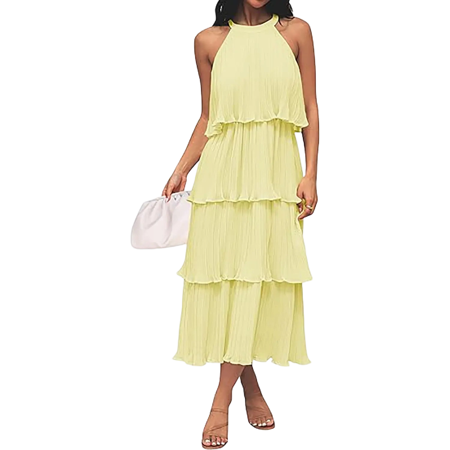 Women's Halter Neck Tiered Ruffle Chiffon Midi Dress