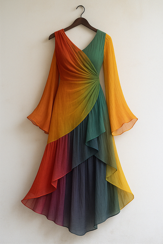 Contrast Rainbow Ruffle Chiffon Dress cd49