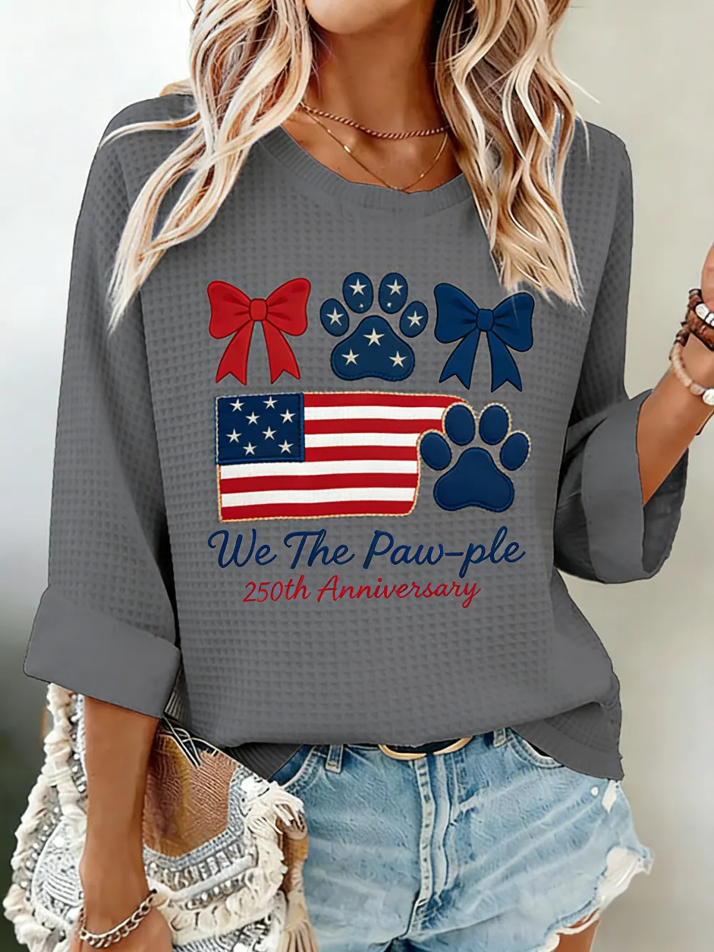 We The Paw-ple 250th Anniversary American Flag Embroidered Waffle Knit Top