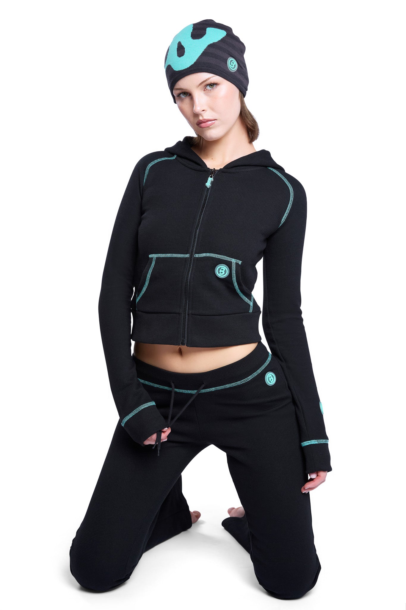 WAFFLE KNIT HOODIE (BLACK/TIFFANY BLUE)