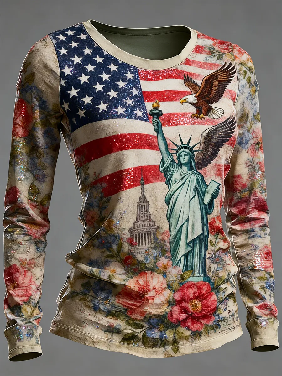 Women's Statue of Liberty & Eagle American Flag Floral Glitter Long Sleeve T-Shirt
