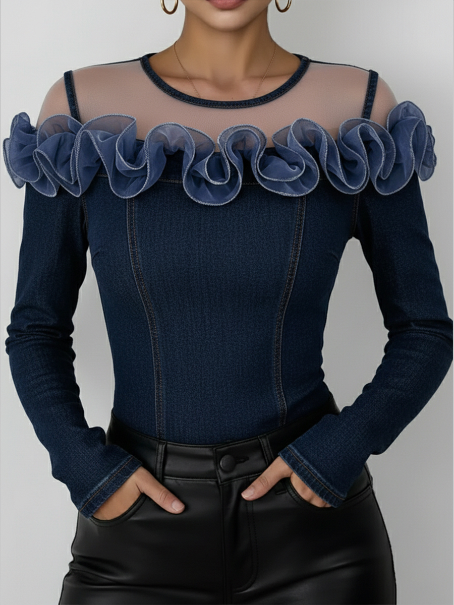 Fashionable Patchwork Mesh Organza Ruffled Denim Top