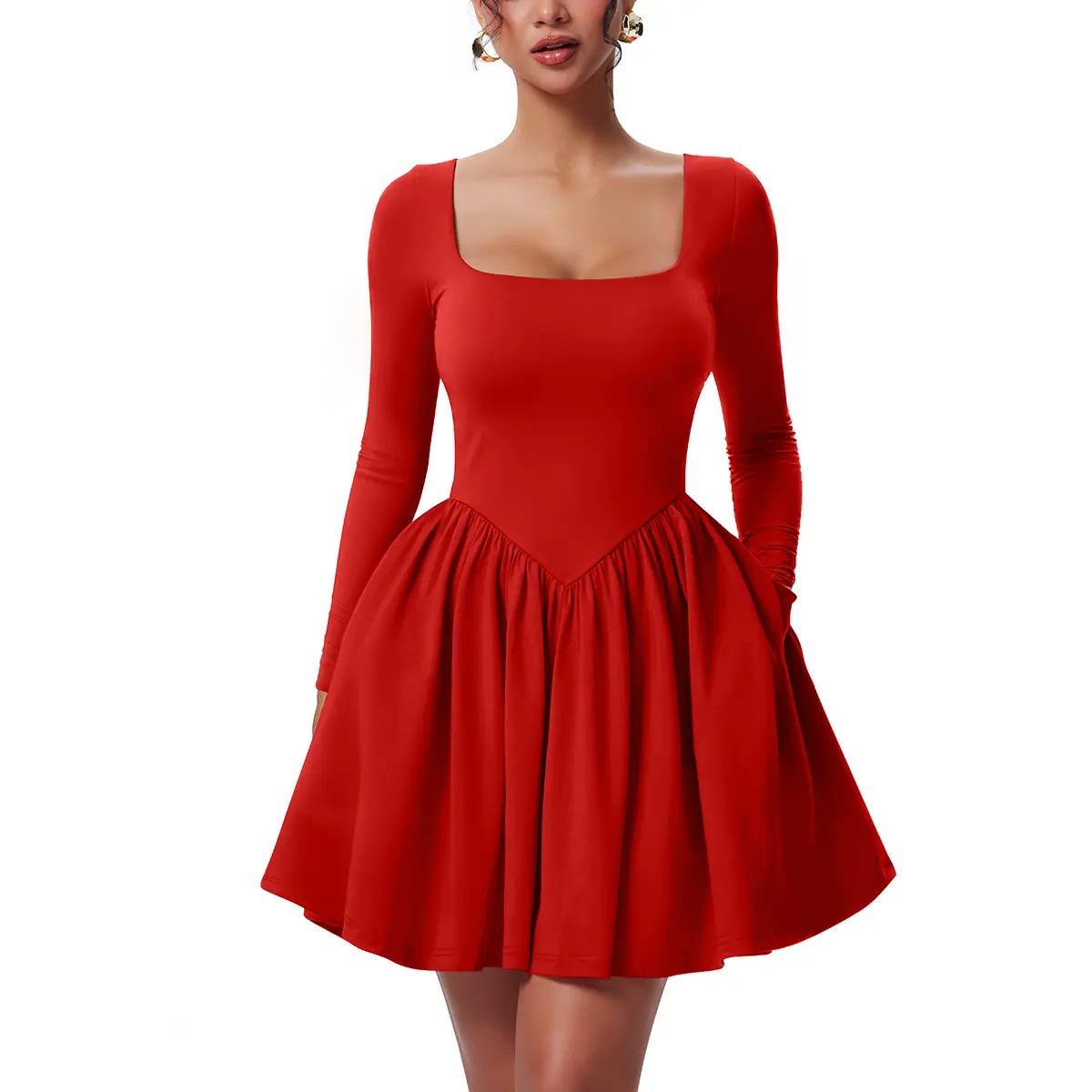 Women’s Long Sleeve Ruffle Hem Mini Dress with Pockets