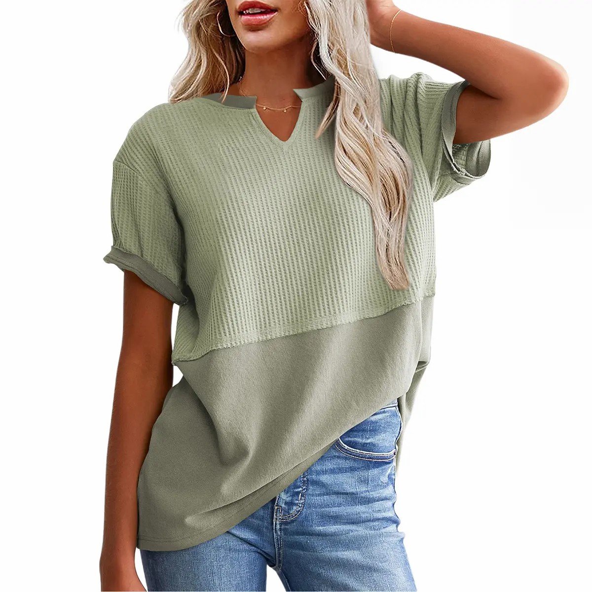 2026 Spring/Summer Cozy Oversized Waffle Knit V-Neck Short Sleeve Pullover Tunic