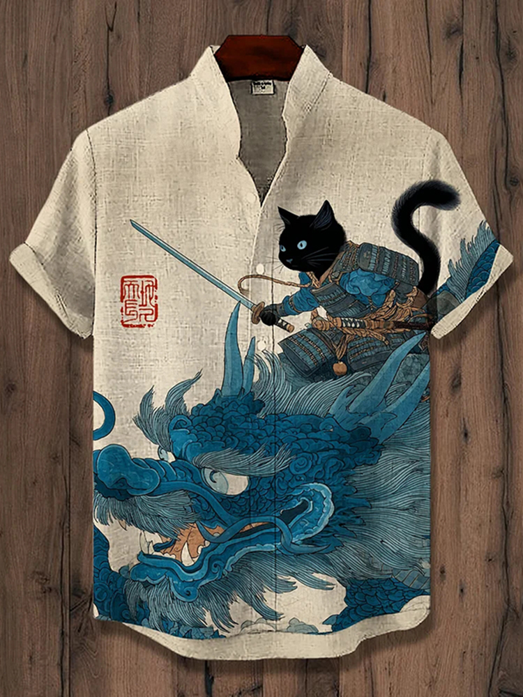 Men's Samurai Cat And Dragon Art Print Casual Shirt