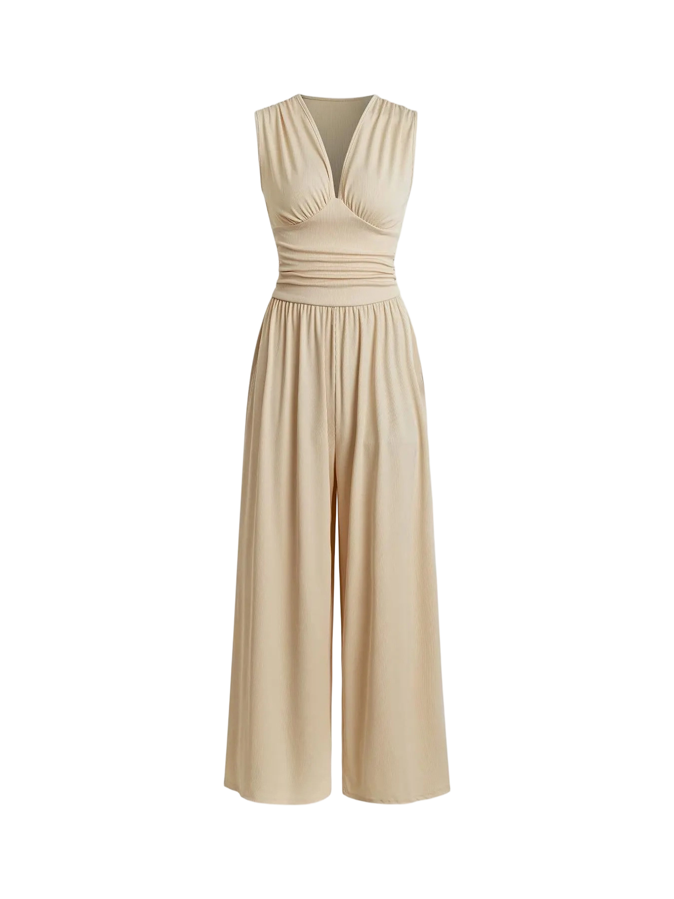 Women's Plain Ruched Deep V Neck Ribbed Fitted Jumpsuit, Elegant Sleeveless Wide Leg Jumpsuit for Summer