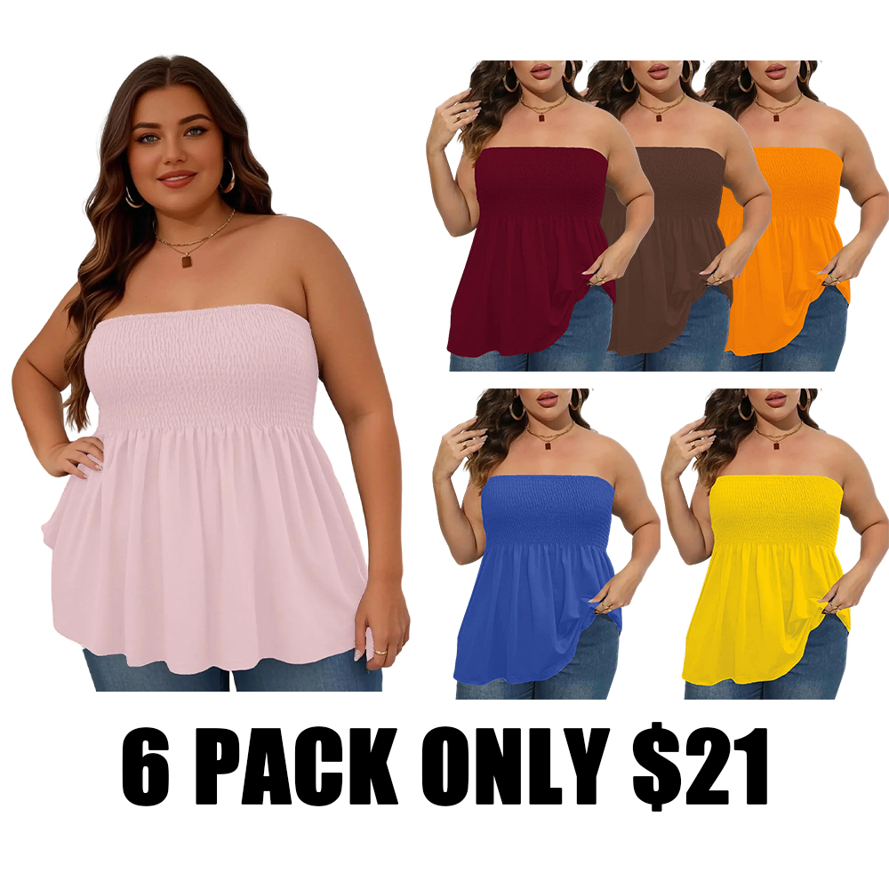 Women's n Strapless Top Plus Size Solid Ruffle Hem Shirred Tube Top