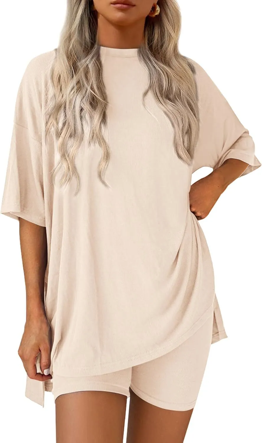 🔥Special Sale❤️Women's Two Piece Lounge Set 2026 Summer Casual Oversized Shirts  Biker Shorts Matching Airport Travel Outfit