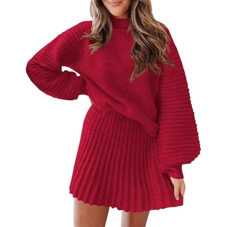 Women's 2 Piece Outfits 2025 Long Sleeve Mock Neck Ribbed Sweaters And Mini Skirt Two Piece Sets