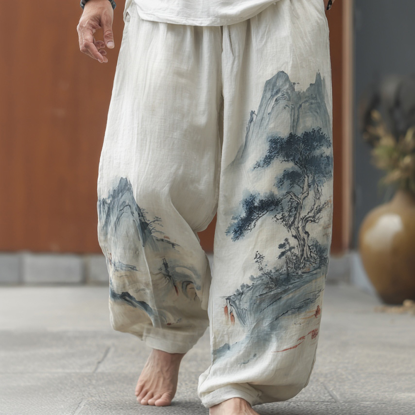Men's Retro Japanese Landscape Print Casual Pants