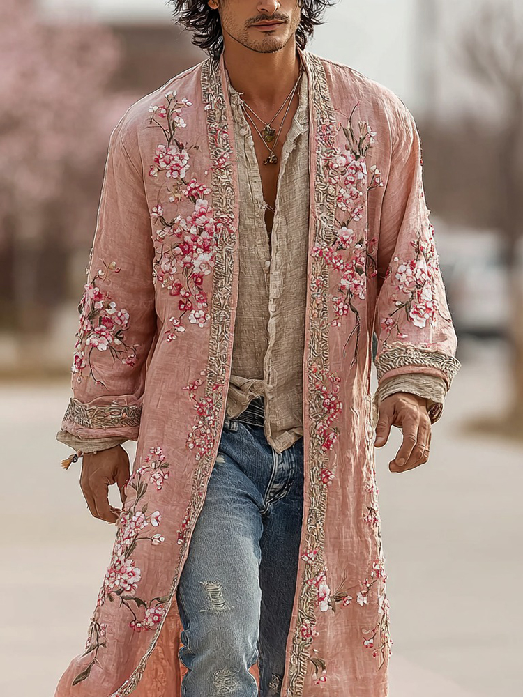 Men's Japanese Cherry Blossom Pattern Linen Blend Long Kimono