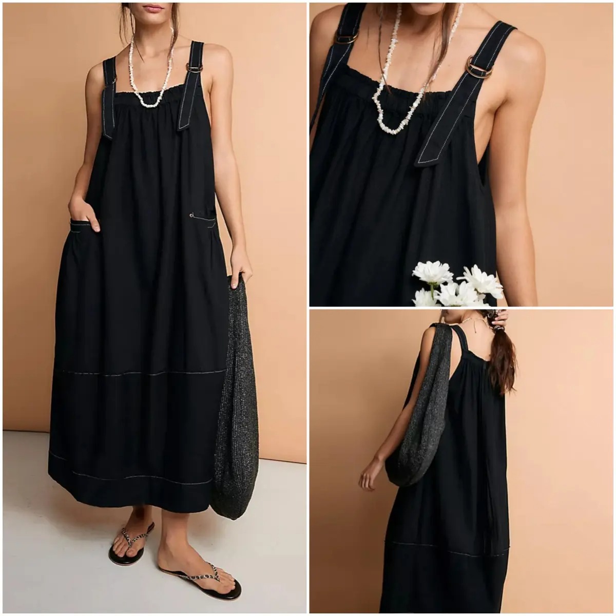 Women's Sleeveless Strappy Barrel Midi Dress with Pockets & Adjustable Straps