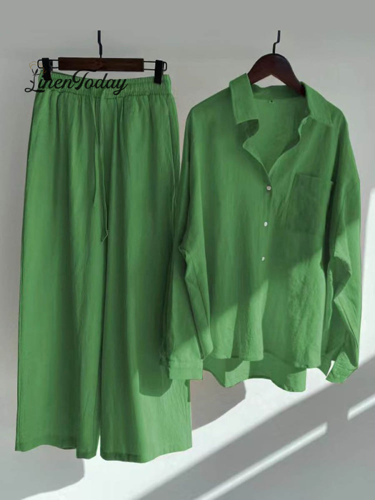 Women's Solid Color Loose Elegant High Waist Casual Cotton And Linen Suit