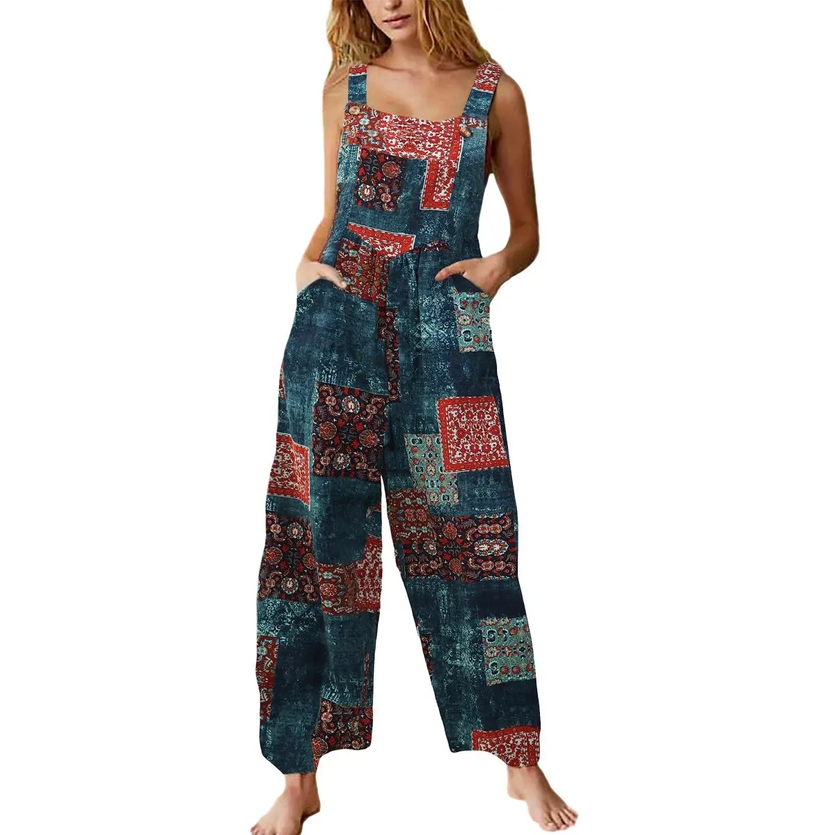 Tanming Women's Patchwork Dual Pocket Jumpsuit Loose Floral Print Bohemian Wide Leg Bib Overall Springfresh