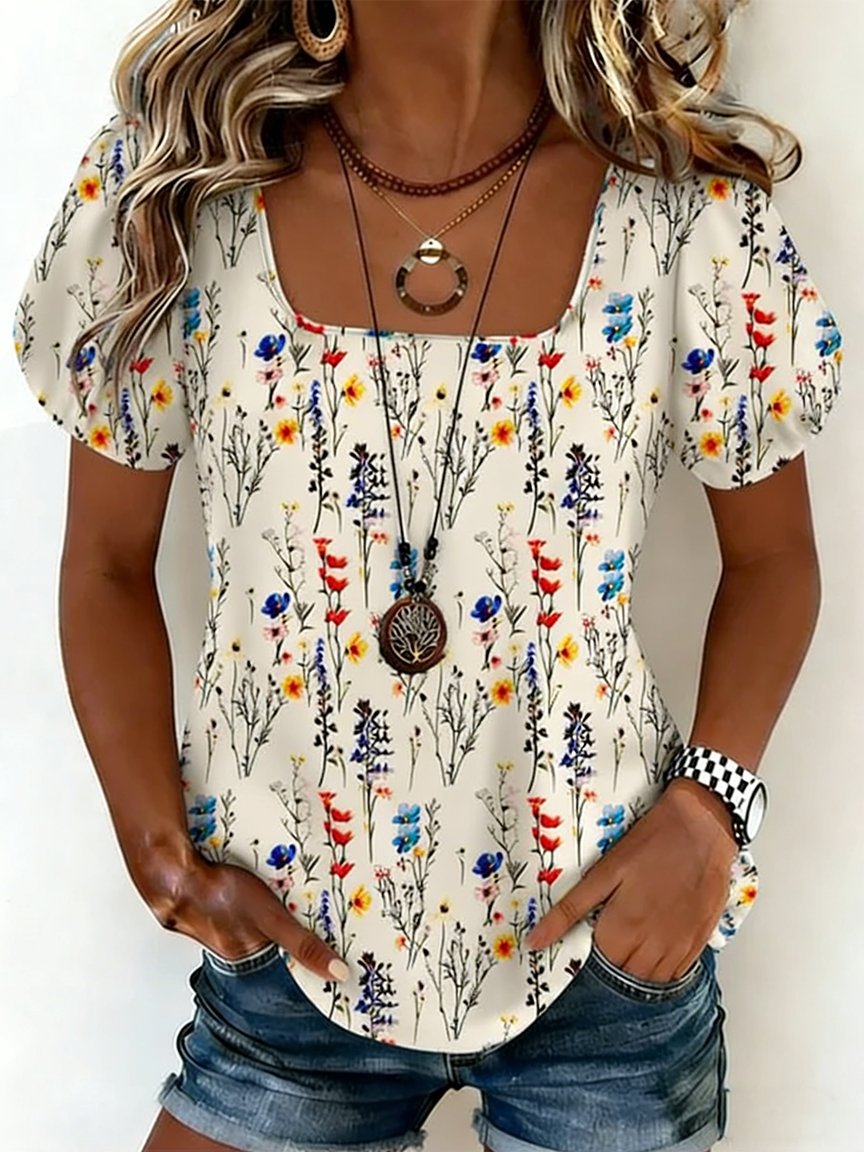 Puff Sleeve Loose Square Neck Floral Elegant T-Shirt