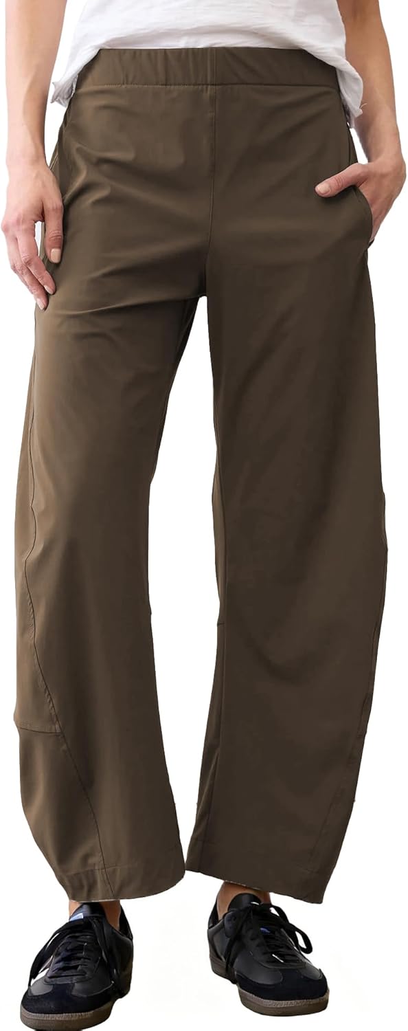 Women Barrel Travel Pants Elastic Waistband Tapered Leg Baggy Mid Rise Work Trousers Lounge Pant with Pockets
