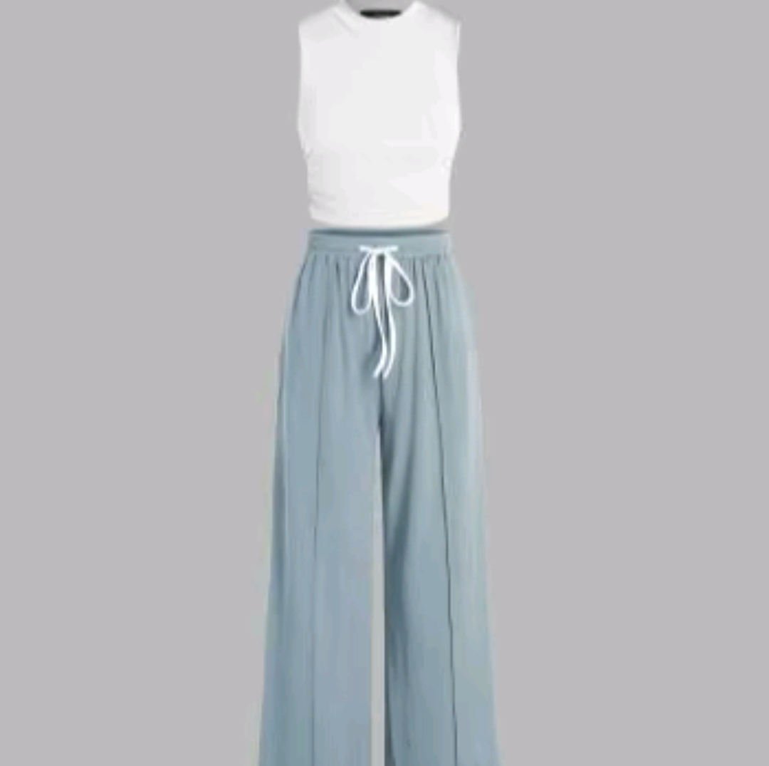 kendall same style Women's 2-Piece Ruched Tank Top and Elastic Waist Tie Trousers Set – Casual Lounge Outfit, 6 Colors