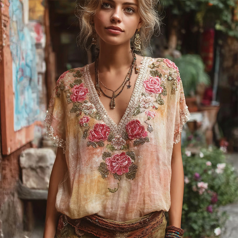 Boho Sunset Floral Embroidery Women's Linen V-neck Shirt