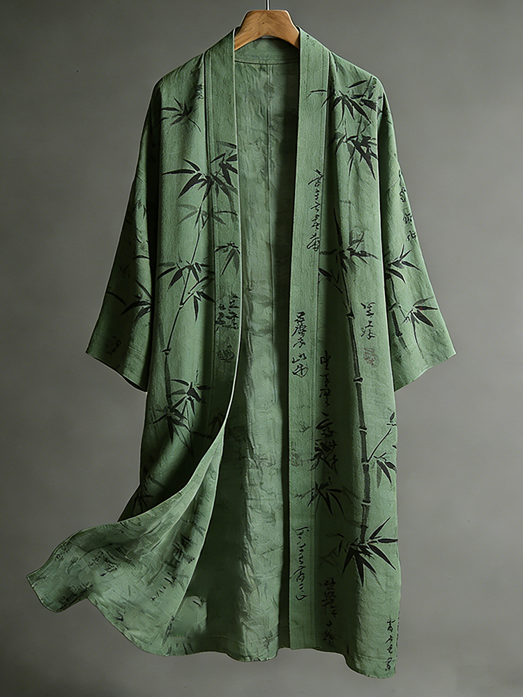 Japanese Art Ink-stained Bamboo Forest Green Cotton Linen Kimono