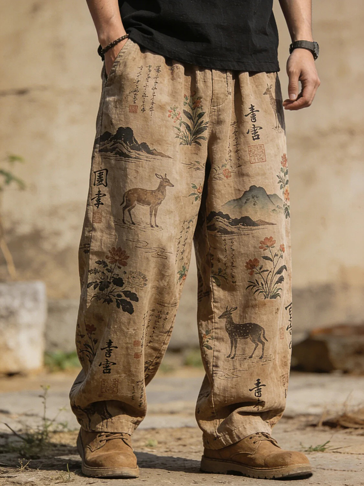 Men's Japanese Art Print Workwear Drawstring Waist Casual Pants