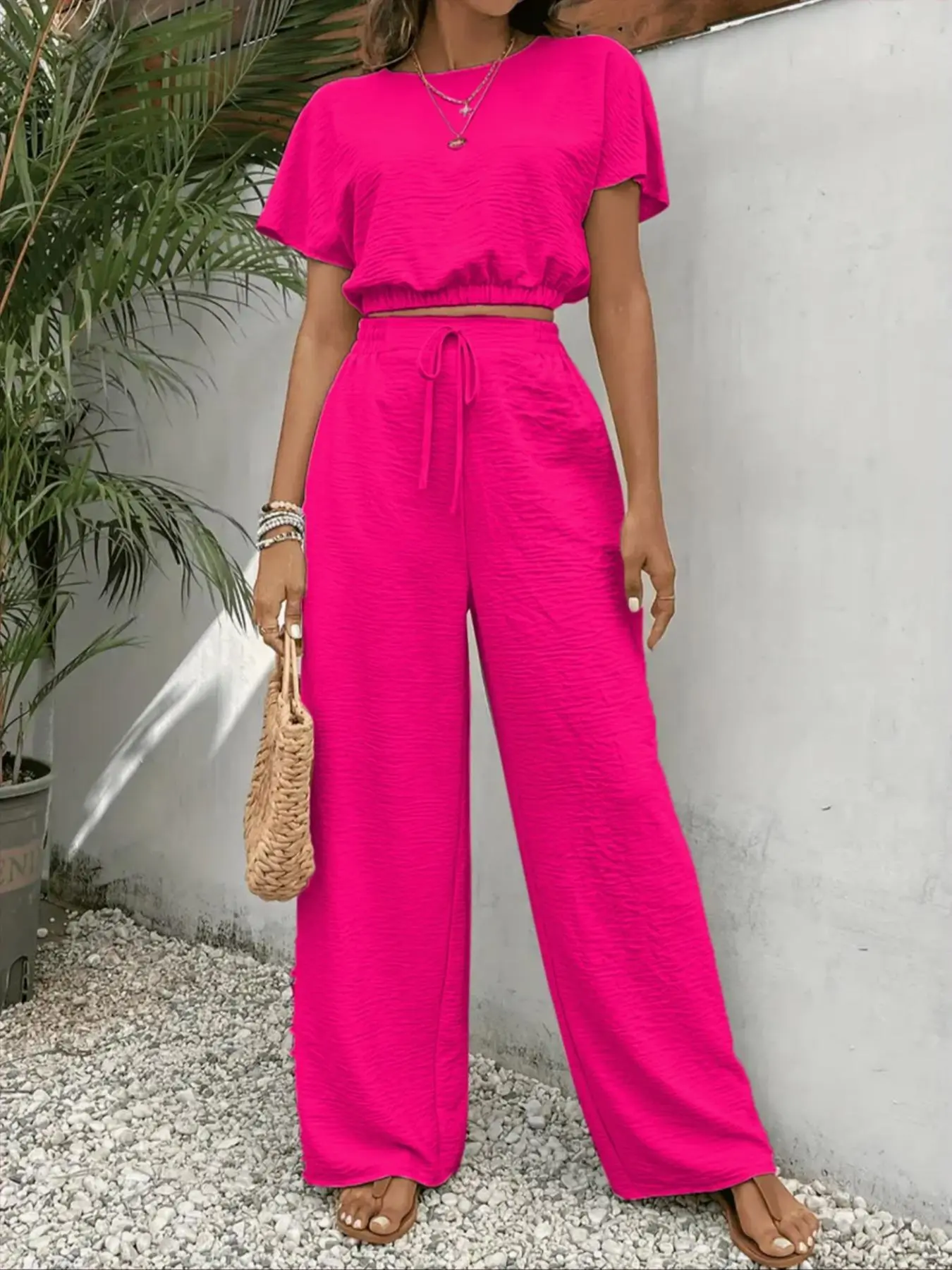 Women's Solid Color Fitted Top & Wide Leg Pants Two-piece Set