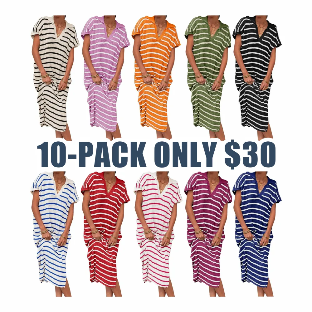 Women's Striped Summer Dress – V-Neck Short Sleeve Knit Collar Loose Maxi Dress with Slit