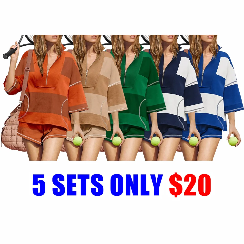 Women’s Striped 2-Piece Lounge & Workout Set Half-Zip Top and Shorts with Pockets