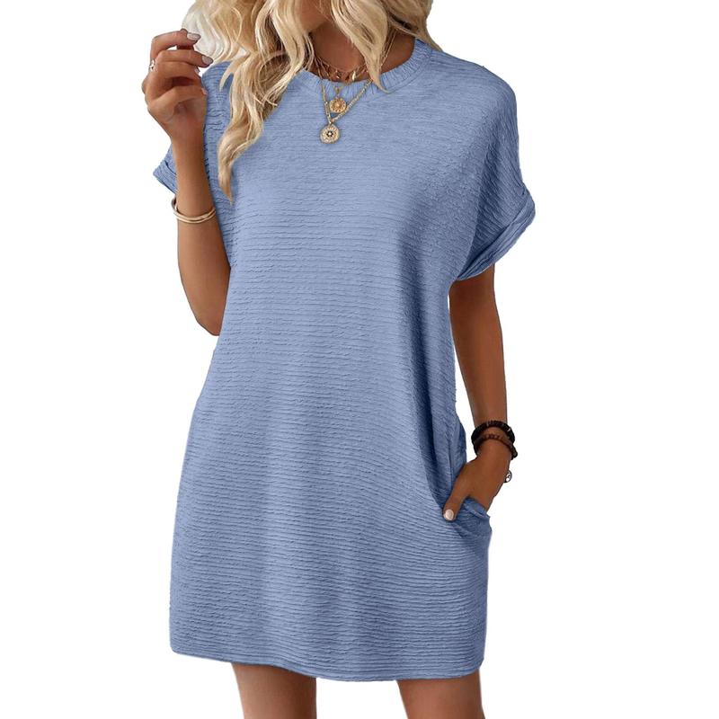 Women’s Casual Mini Dress – Lightweight Stretchy Short Sleeve Crewneck Dress for Summer & Beach Outfits