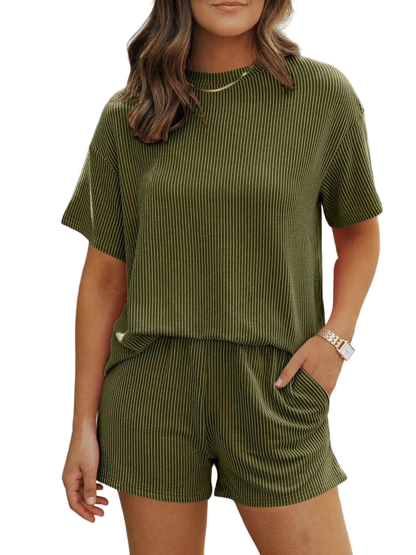 Women's Solid Twisted Ribbed Knit Textured Pocket Shorts Set, Casual Short Sleeve T-shirt & Elastic Waist Shorts
