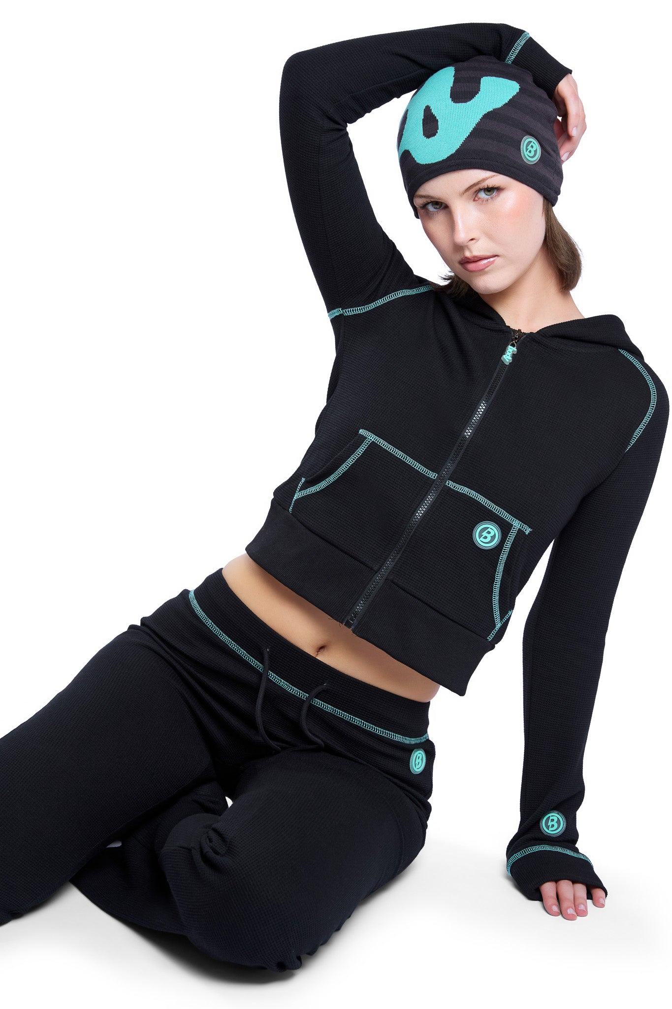 WAFFLE KNIT HOODIE (BLACK/TIFFANY BLUE)