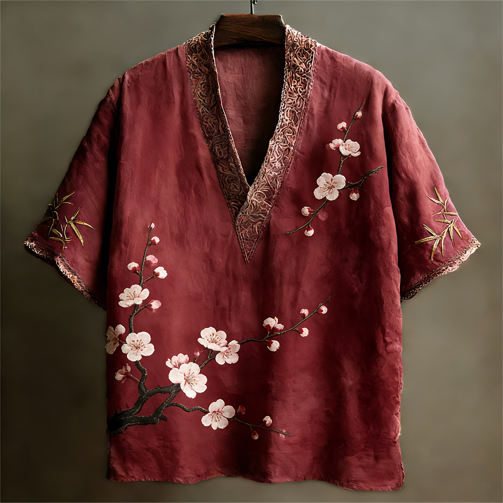 Japanese Plum Pattern Linen Short Sleeve V-neck Shirt