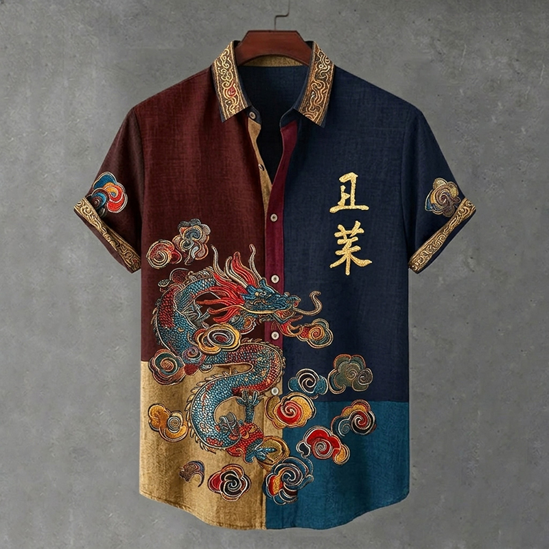 Men's Retro Japanese Dragon Print Short-sleeve Shirt