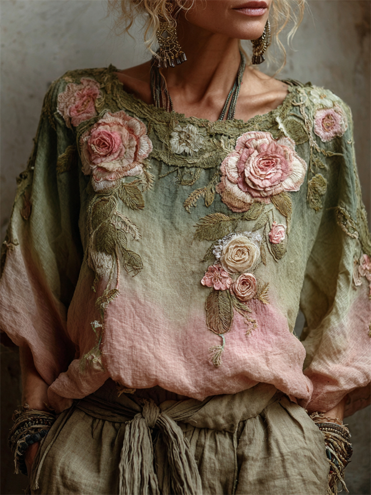 Vintage Pink Roses Forest Gradient Linen Tunic
