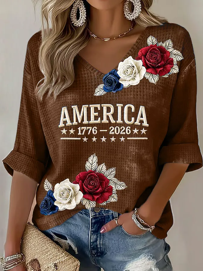 Women's American 250th Anniversary Three-Quarter Sleeve V-Neck Top