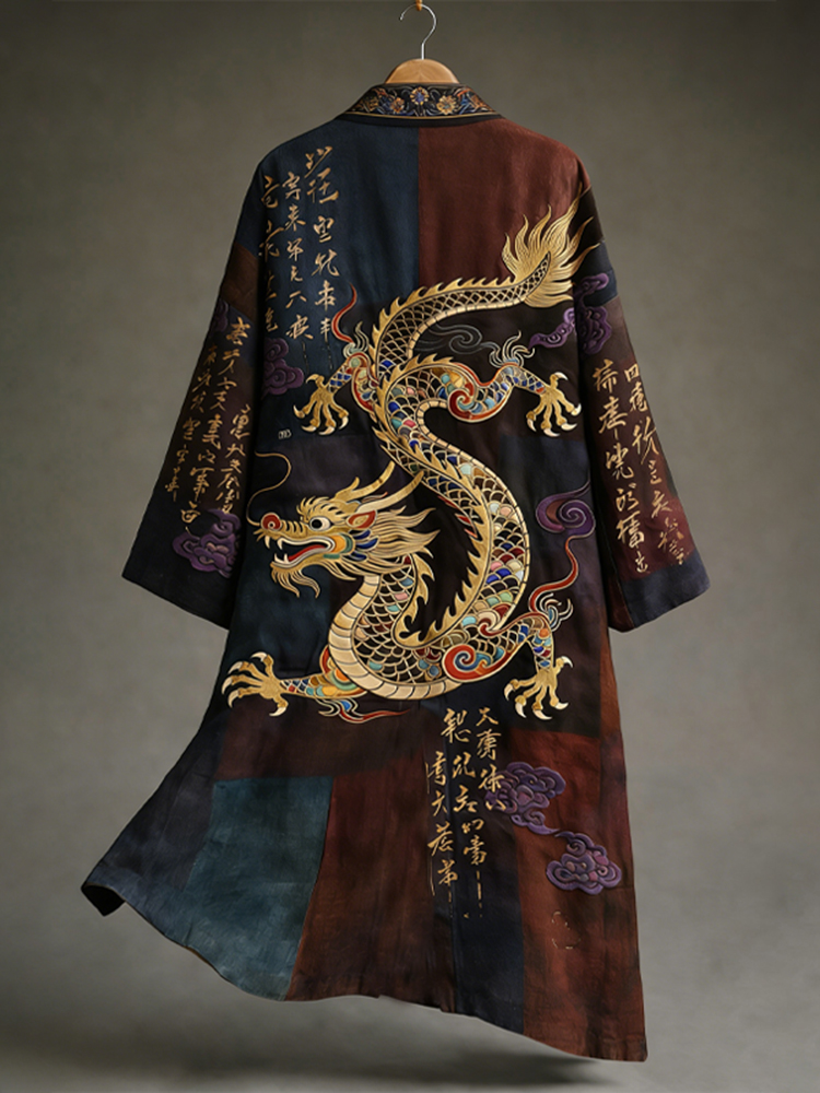 Men's Vintage Japanese Calligraphy Dragon Art Pattern Linen Blend Kimono