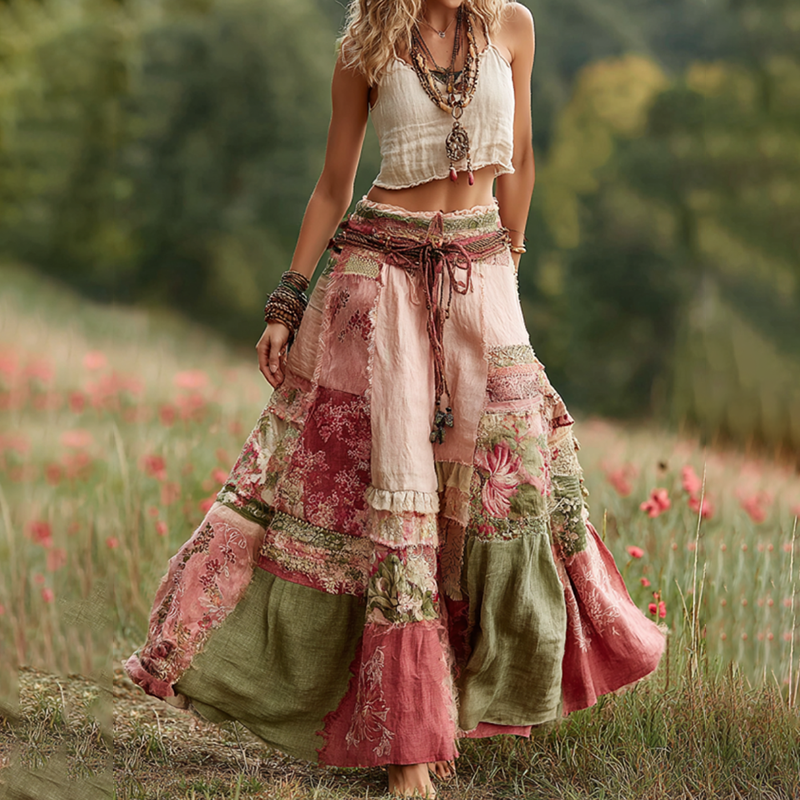 Vintage Boho Rose Floral Patchwork Art Flowy Casual Linen Skirt