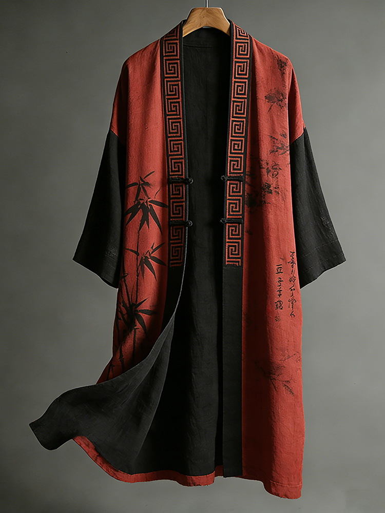 Japanese Art Ink Bamboo Print Color-block Kimono