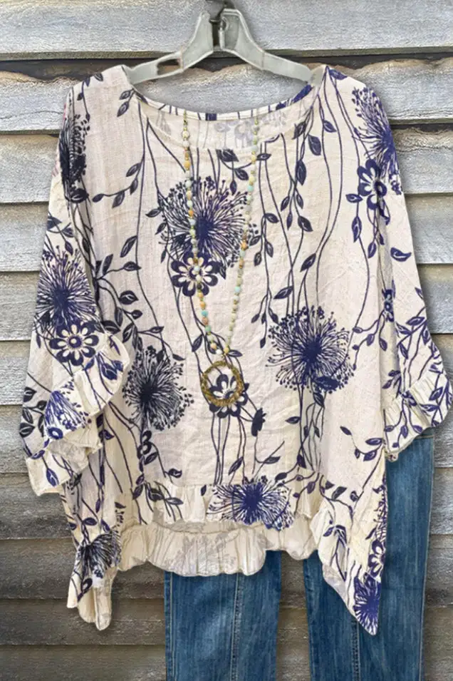 Floral Bell Sleeve Crewneck Top